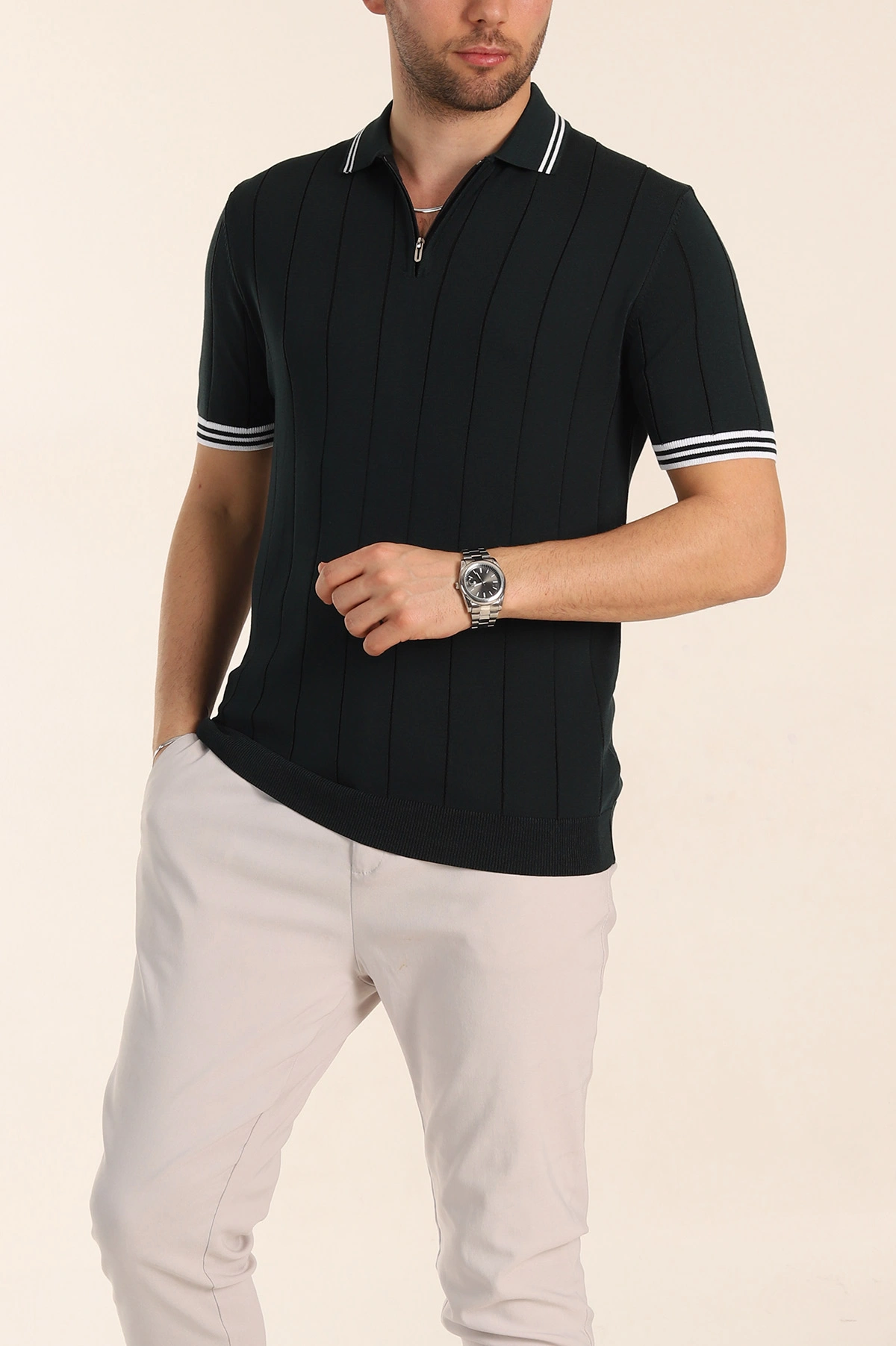 Zümrüt Yeşili Slim Fit Likralı Fermuarlı Polo Yaka Kısa Kollu Triko Tişört 338551