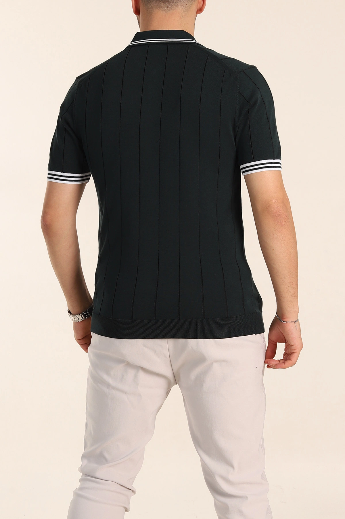 Zümrüt Yeşili Slim Fit Likralı Fermuarlı Polo Yaka Kısa Kollu Triko Tişört 338551