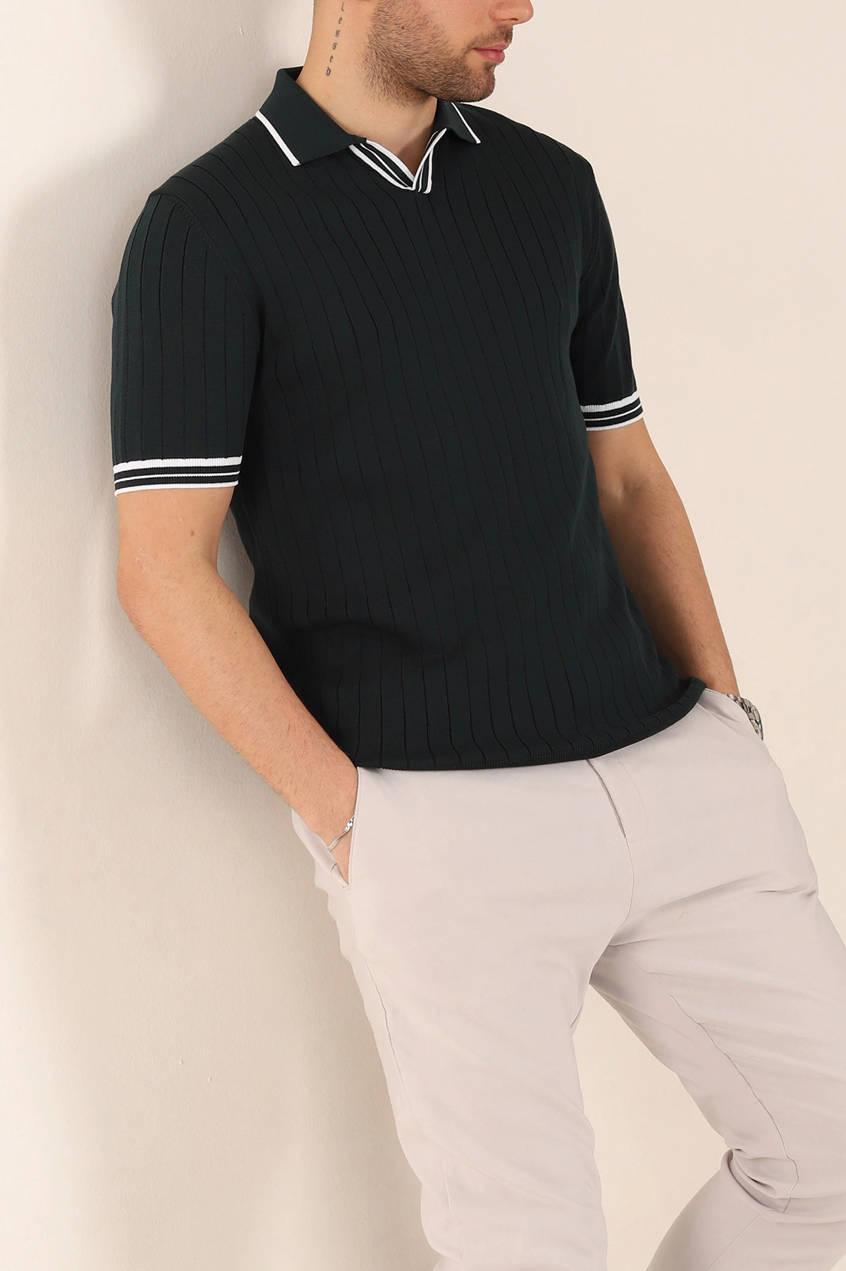 Zümrüt Yeşili Slim Fit Patlı Polo Yaka Kısa Kollu Erkek Triko Tişört 338579