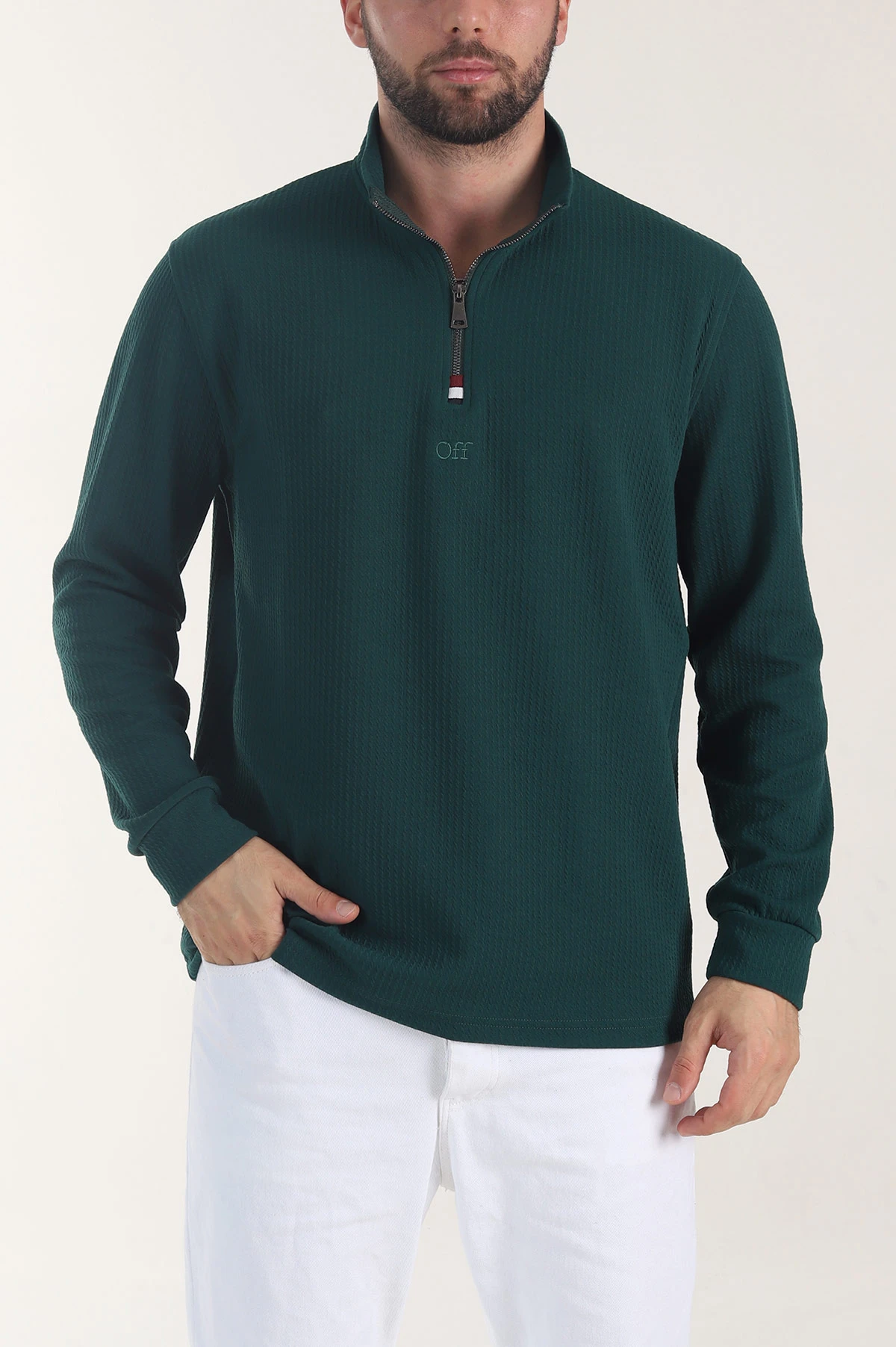 Zümrüt Yeşili Yarım Fermuarlı Dik Yaka Dokulu Erkek Sweatshirt 406818