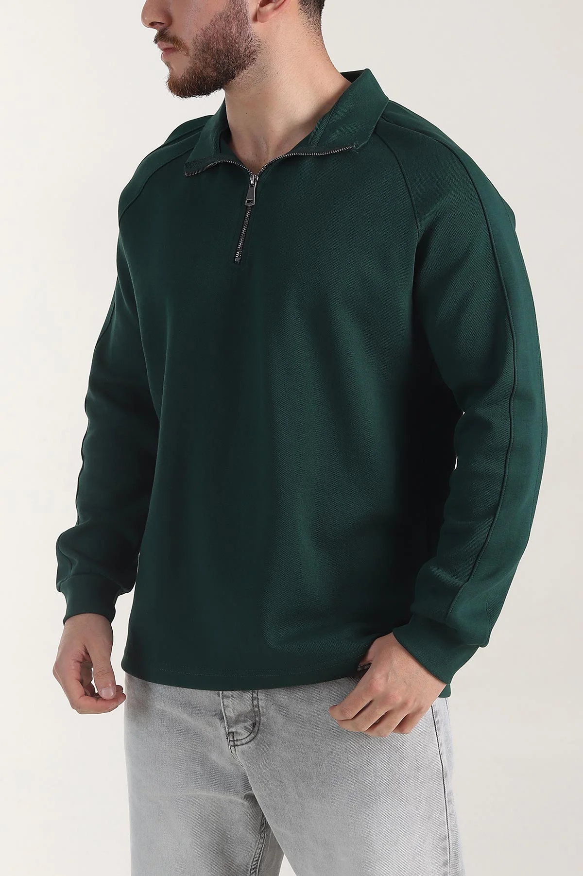 Zümrüt Yeşili Yarım Fermuarlı Dik Yaka Erkek Sweatshirt 404800