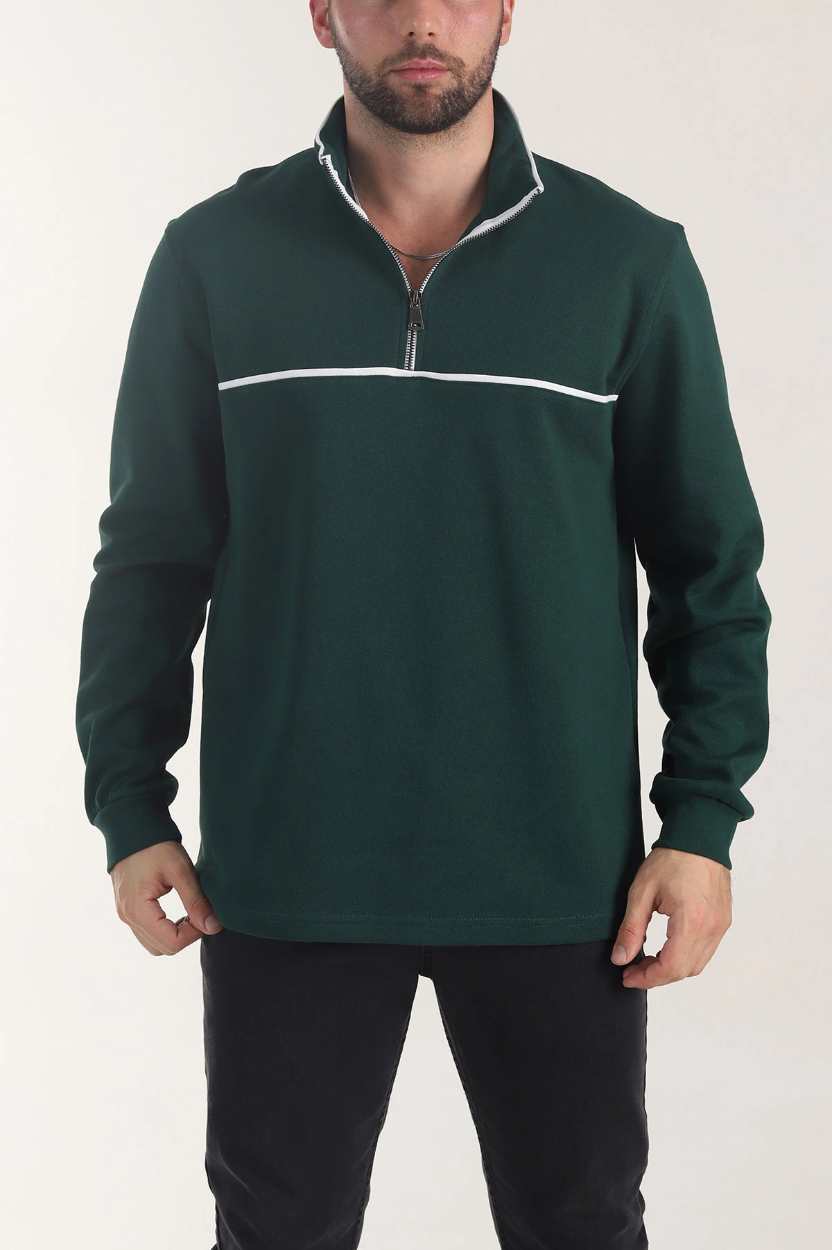 Zümrüt Yeşili Yarım Fermuarlı Dik Yaka Erkek Sweatshirt 404819