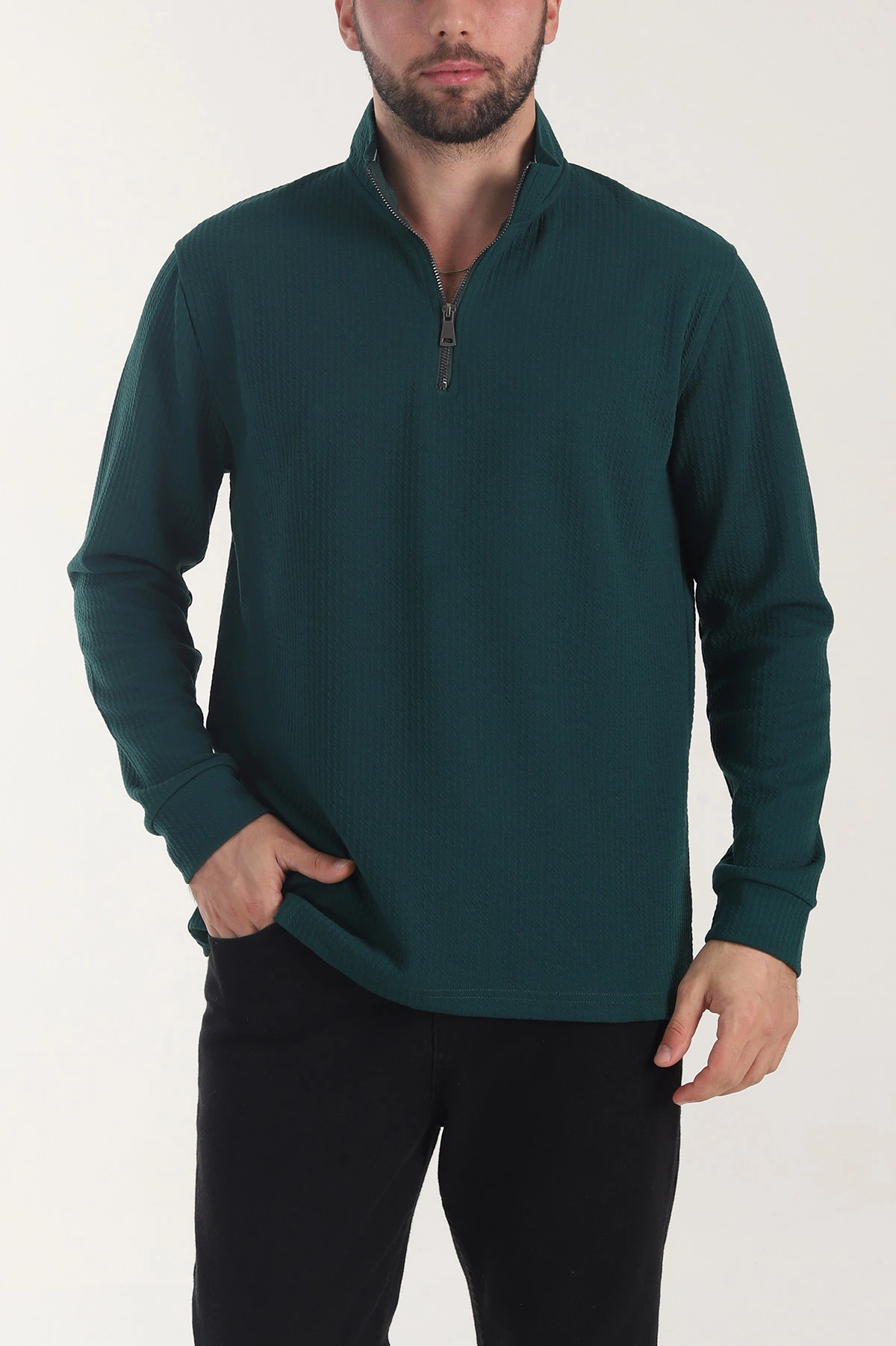 Zümrüt Yeşili Yarım Fermuarlı Dokulu Dik Yaka Erkek Sweatshirt 406932
