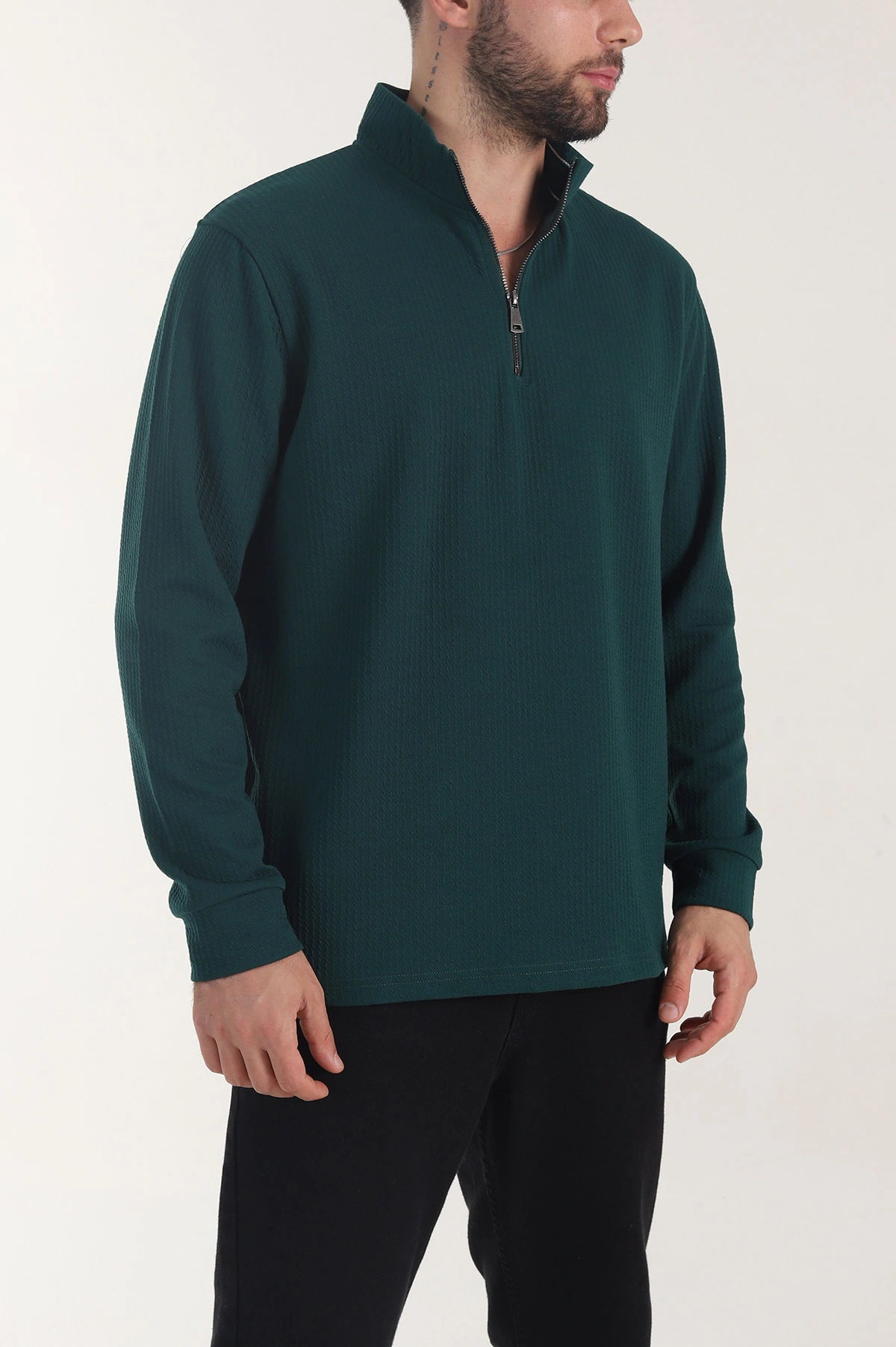 Zümrüt Yeşili Yarım Fermuarlı Dokulu Dik Yaka Erkek Sweatshirt 406932