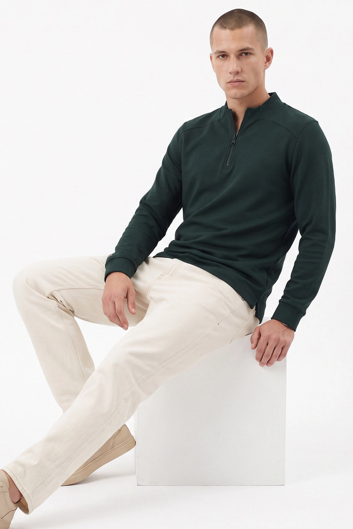 Zümrüt Yeşili Yarım Fermuarlı Erkek Sweatshirt 492046