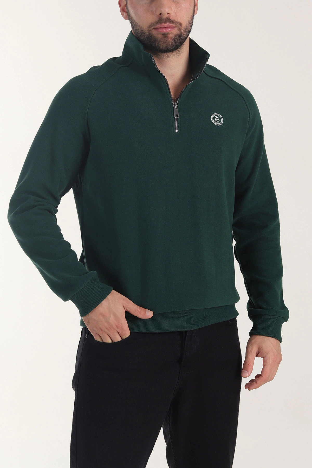 Zümrüt Yeşili Yarım Fermuarlı Nakış Detaylı Erkek Sweatshirt 406848