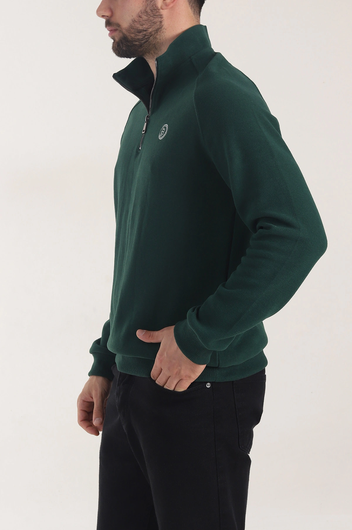 Zümrüt Yeşili Yarım Fermuarlı Nakış Detaylı Erkek Sweatshirt 406848