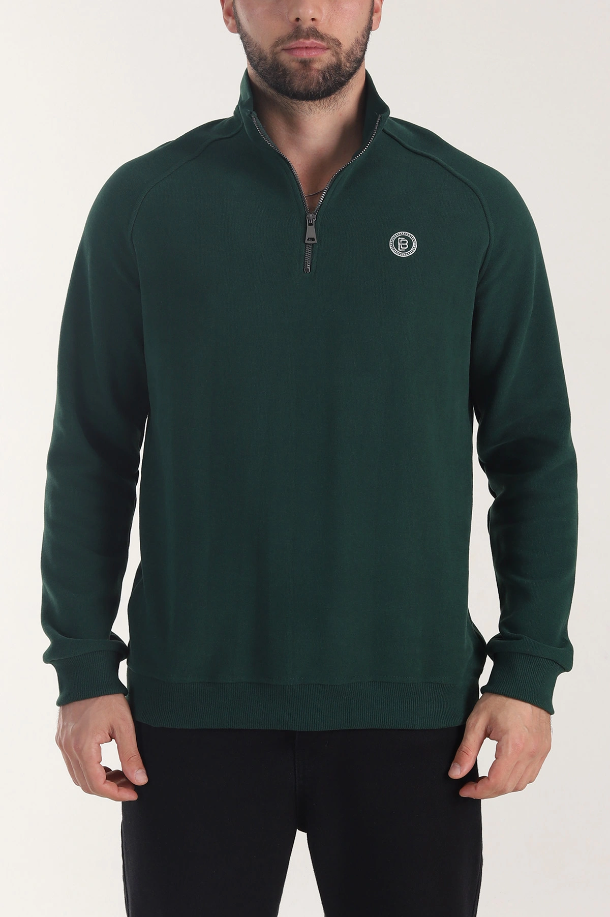 Zümrüt Yeşili Yarım Fermuarlı Nakış Detaylı Erkek Sweatshirt 406848