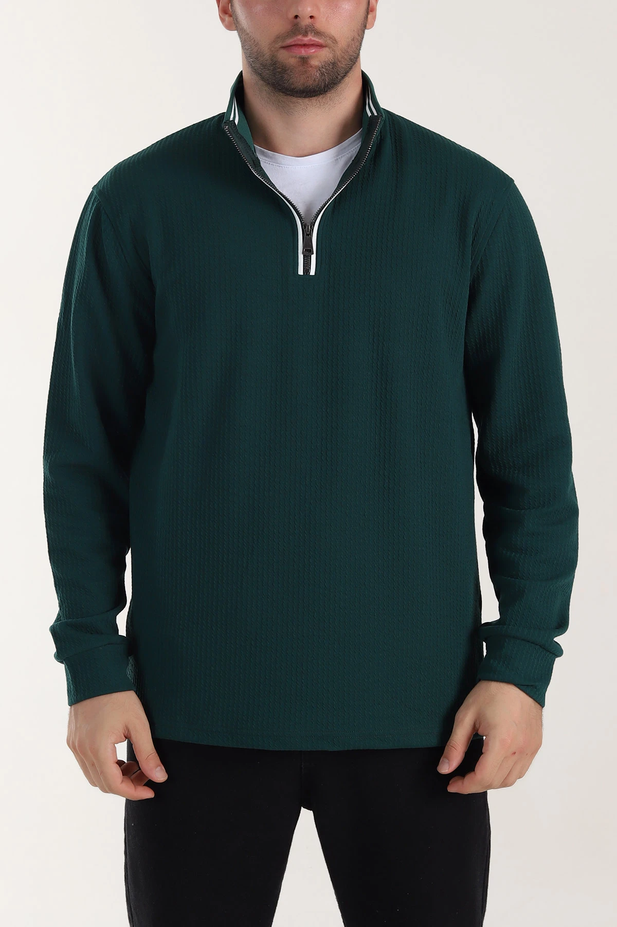 Zümrüt Yeşili Yarım Fermuarlı Polo Yaka Erkek Sweatshirt 410867