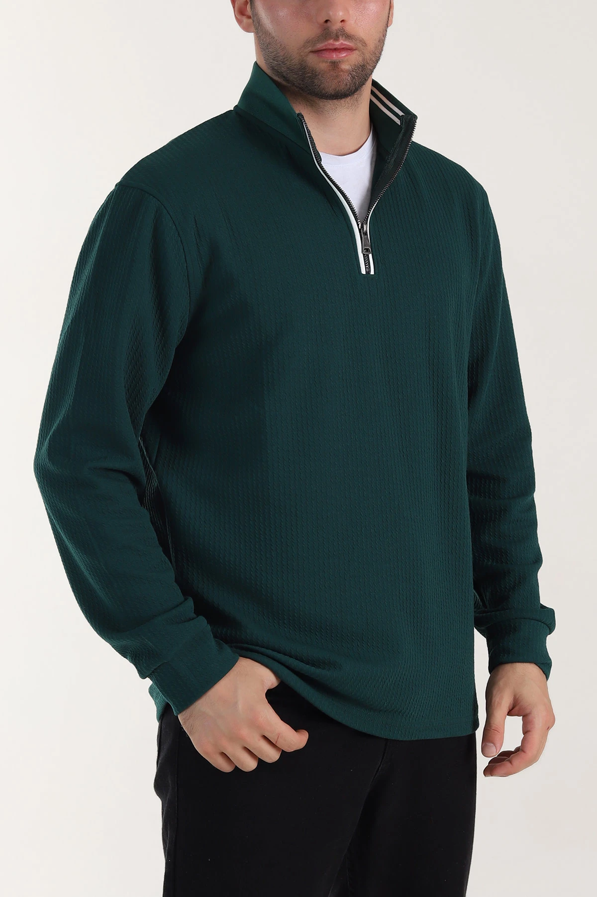 Zümrüt Yeşili Yarım Fermuarlı Polo Yaka Erkek Sweatshirt 410867