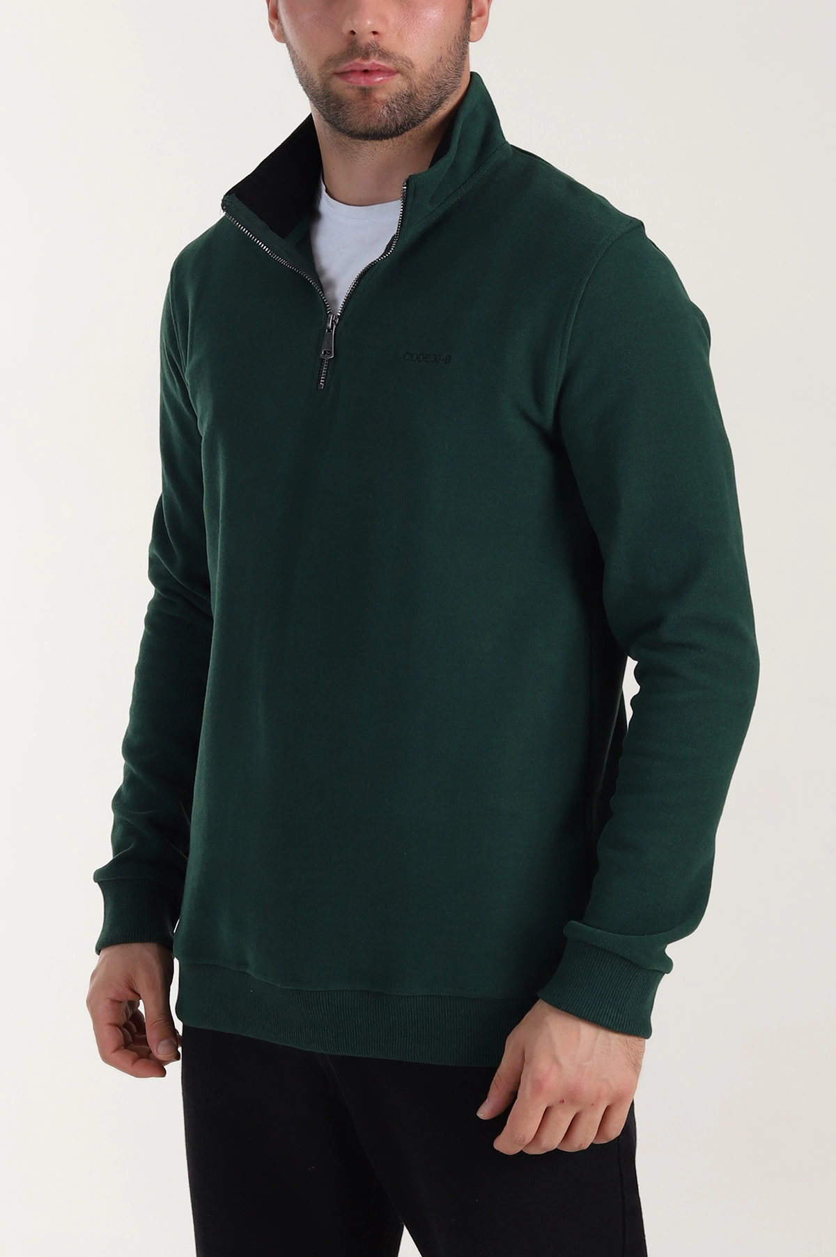 Zümrüt Yeşili Yarım Fermuarlı Polo Yaka Erkek Sweatshirt 410875