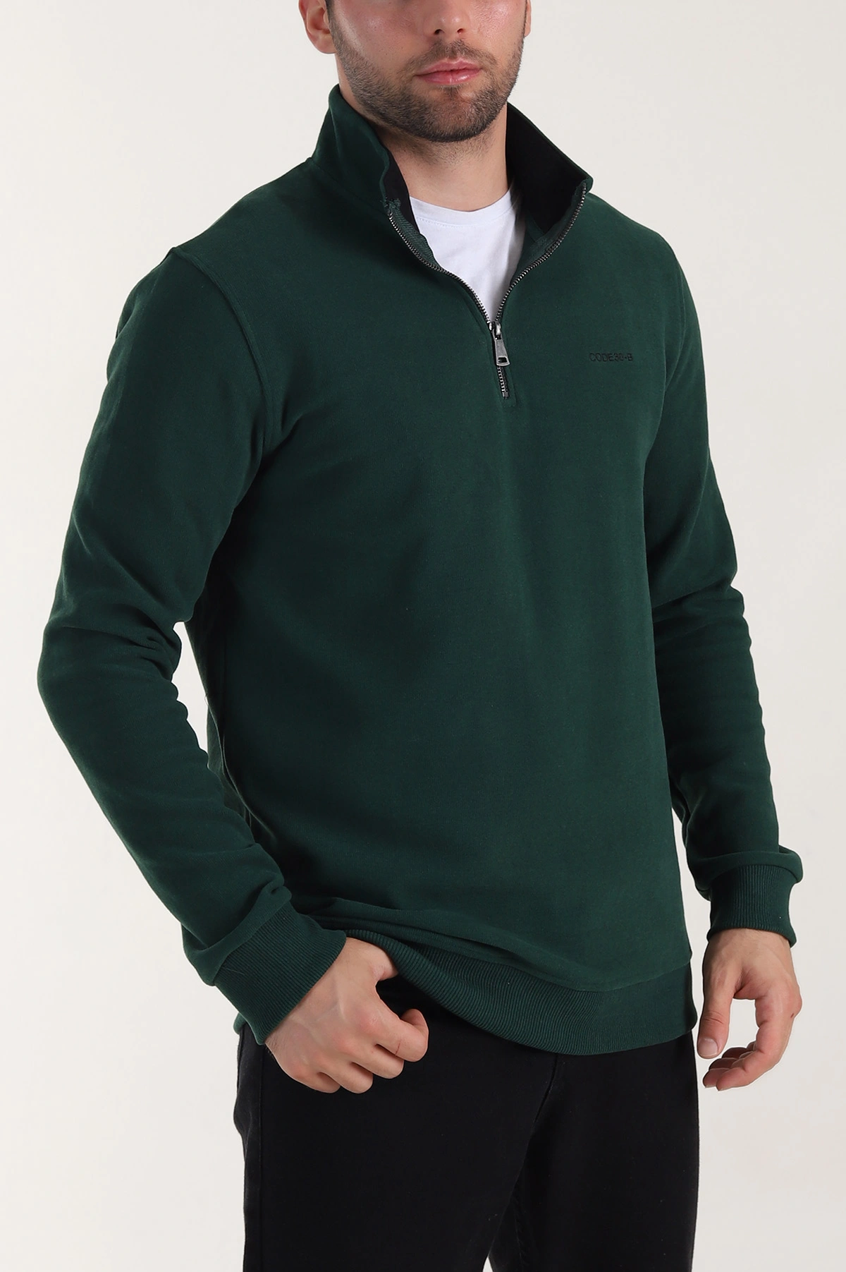 Zümrüt Yeşili Yarım Fermuarlı Polo Yaka Erkek Sweatshirt 410875