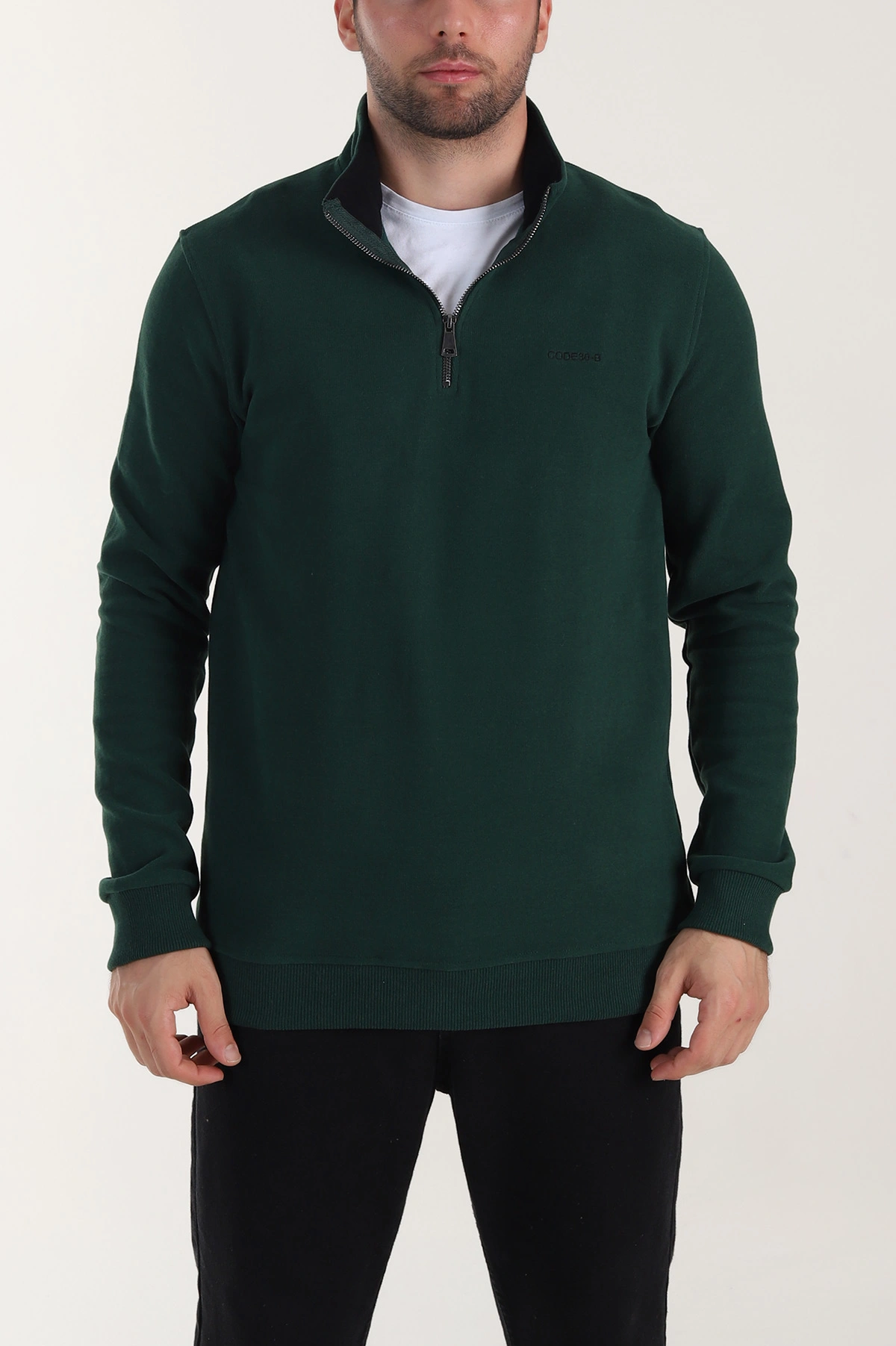 Zümrüt Yeşili Yarım Fermuarlı Polo Yaka Erkek Sweatshirt 410875
