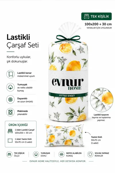 100x200 Cm Evnur Home Desenli Tek Kişilik Fitted (Lastikli) Çarşaf Takımı 473721