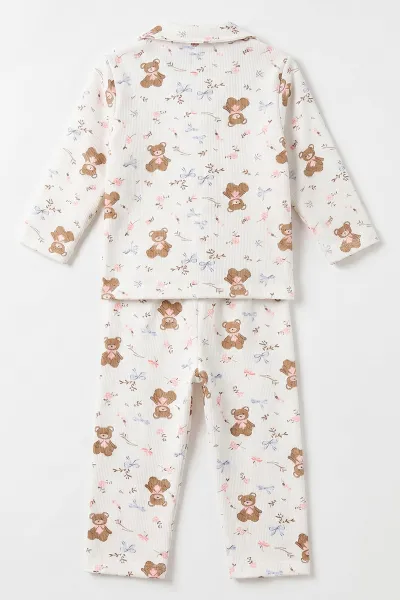 (2-6 Yaş) Ayıcık Desenli Önden Düğmeli Hafif Şardonlu Fitilli Kız Çocuk Pijama Takım 491172