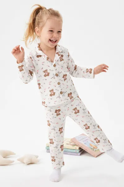 (2-6 Yaş) Ayıcık Desenli Önden Düğmeli Hafif Şardonlu Fitilli Kız Çocuk Pijama Takım 491172