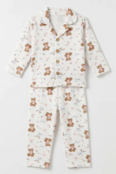 (2-6 Yaş) Ayıcık Desenli Önden Düğmeli Hafif Şardonlu Fitilli Kız Çocuk Pijama Takım 491172