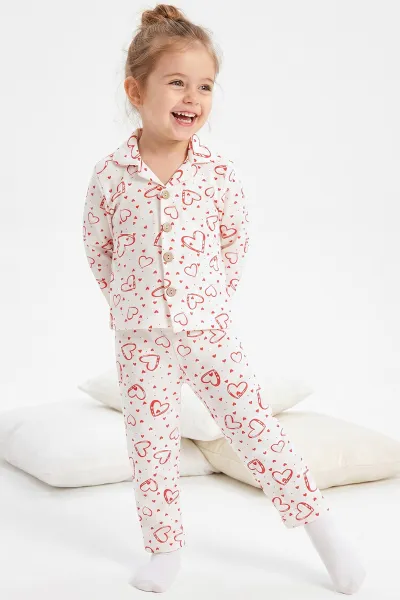 (2-6 Yaş) Kalp Desenli Önden Düğmeli Hafif Şardonlu Fitilli Kız Çocuk Pijama Takım 491169