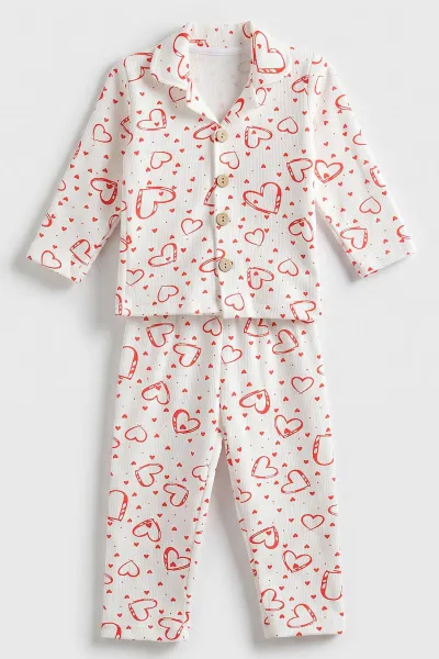 (2-6 Yaş) Kalp Desenli Önden Düğmeli Hafif Şardonlu Fitilli Kız Çocuk Pijama Takım 491169
