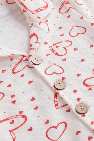 (2-6 Yaş) Kalp Desenli Önden Düğmeli Hafif Şardonlu Fitilli Kız Çocuk Pijama Takım 491169
