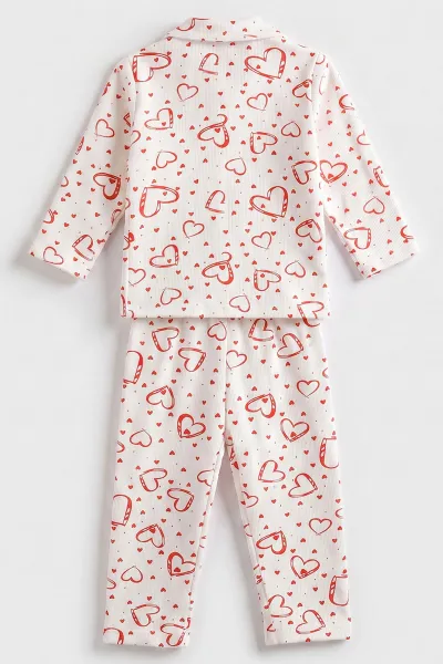 (2-6 Yaş) Kalp Desenli Önden Düğmeli Hafif Şardonlu Fitilli Kız Çocuk Pijama Takım 491169