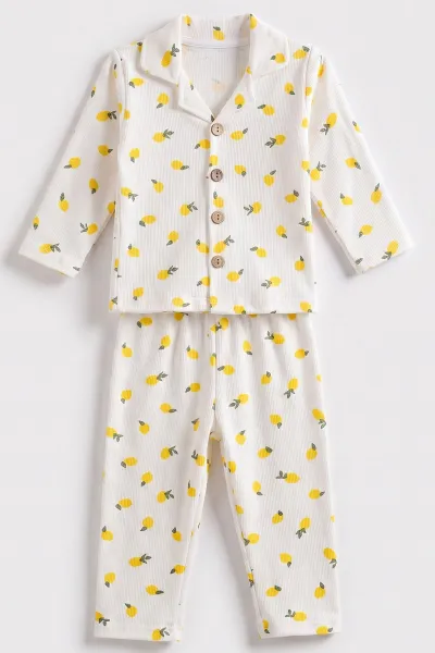 (2-6 Yaş) Limon Desenli Önden Düğmeli Hafif Şardonlu Fitilli Kız Çocuk Pijama Takım 491171