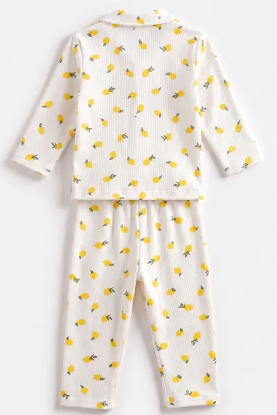 (2-6 Yaş) Limon Desenli Önden Düğmeli Hafif Şardonlu Fitilli Kız Çocuk Pijama Takım 491171