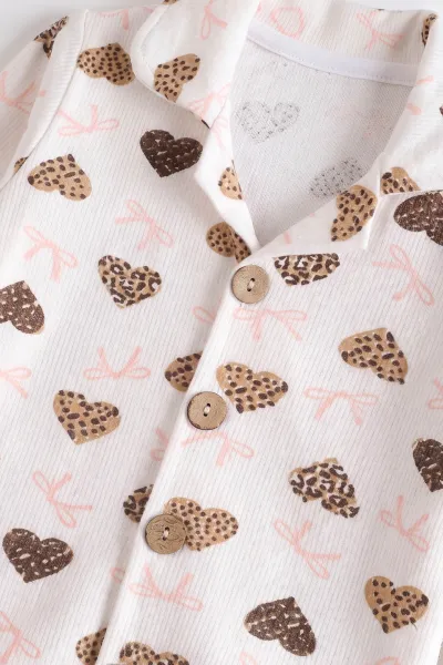 (2-6 Yaş)Leoparlı Kalp  Desenli Önden Düğmeli Hafif Şardonlu Fitilli Kız Çocuk Pijama Takım 491170
