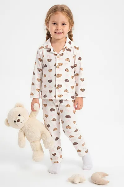 (2-6 Yaş)Leoparlı Kalp  Desenli Önden Düğmeli Hafif Şardonlu Fitilli Kız Çocuk Pijama Takım 491170
