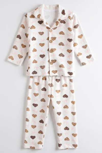 (2-6 Yaş)Leoparlı Kalp  Desenli Önden Düğmeli Hafif Şardonlu Fitilli Kız Çocuk Pijama Takım 491170
