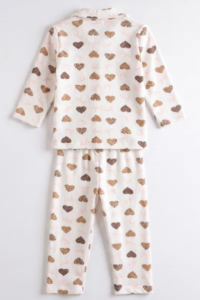 (2-6 Yaş)Leoparlı Kalp  Desenli Önden Düğmeli Hafif Şardonlu Fitilli Kız Çocuk Pijama Takım 491170
