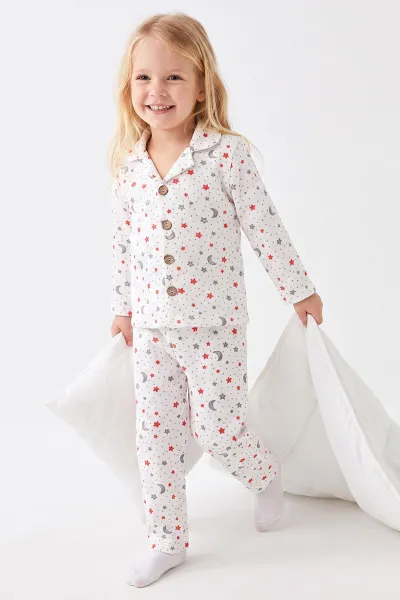 (2-6 Yaş)Yıldız  Desenli Önden Düğmeli Hafif Şardonlu  Fitilli Kız Çocuk Pijama Takım 491168
