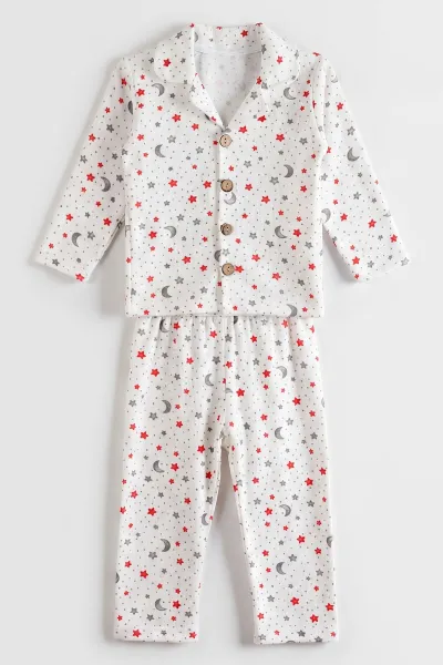 (2-6 Yaş)Yıldız  Desenli Önden Düğmeli Hafif Şardonlu  Fitilli Kız Çocuk Pijama Takım 491168