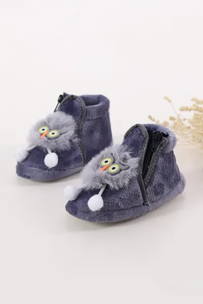 ( 25 - 30 ) Antrasit Peluş Figürlü Fermuarlı Kız Çocuk Panduf 395535