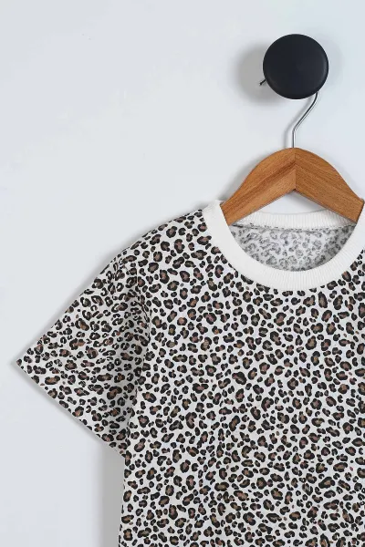 (4-12 Yaş) Leopar  Desenli Kısa Kol ve Şortlu Yazlık Kız Çocuk Pijama Takım 341039