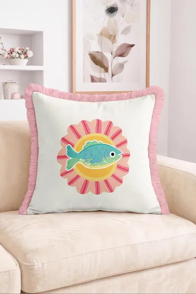 43x43 Cm Dijital Baskılı Fermuarlı Çift Taraflı Saçaklı Kırlent Kılıfı 483453