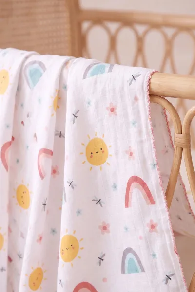 (80*90 cm) Kenarı Oyalı Tek Kat Karışık Desen Müslin Bebek Battaniye 488495