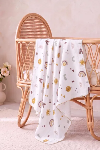 (80*90 cm) Kenarı Oyalı Tek Kat Karışık Desen Müslin Bebek Battaniye 488513