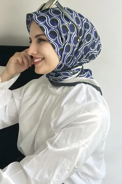 Koyu Mavi 90x90 Cm Dijital Baskı Ay Işığı Desenli Pamuk Eşarp 372969