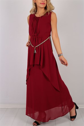 Askılı Bordo Kemerli Bayan Elbise 5780B