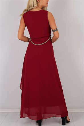 Askılı Bordo Kemerli Bayan Elbise 5780B