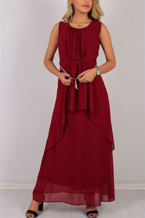 Askılı Bordo Kemerli Bayan Elbise 5780B