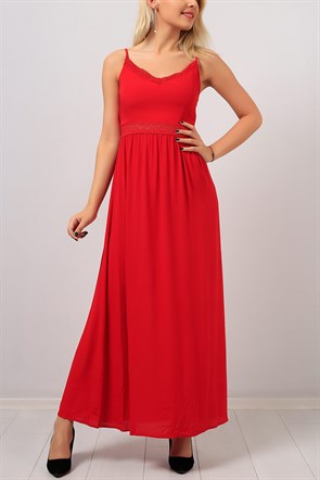 Askılı Sırt Lastikli Kırmızı Bayan Elbise 8146B