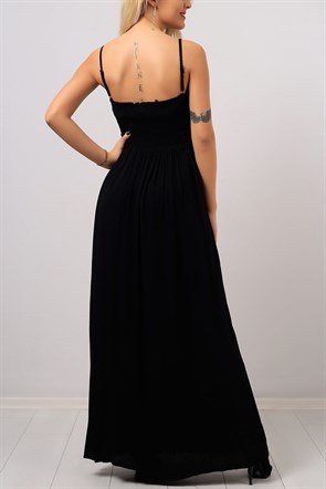 Askılı Sırt Lastikli Siyah Abiye Elbise Modeli 8147B