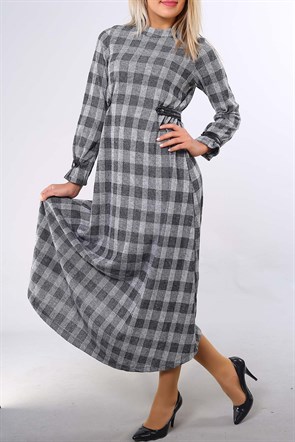 Bisiklet Yaka Kare Desen Elbise 4695B