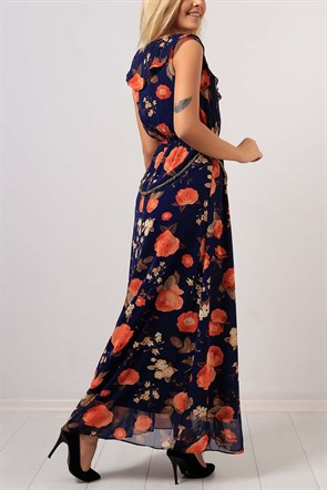 Çiçek Desen Kemerli Bayan  Elbise 8069B