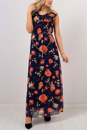 Çiçek Desen Kemerli Bayan  Elbise 8069B
