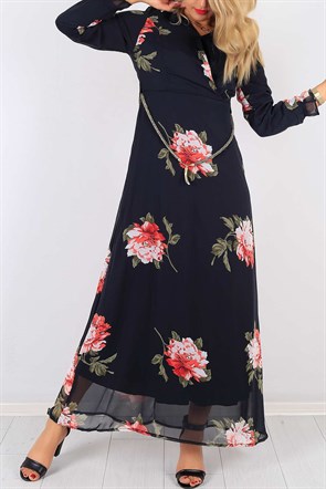 Çiçek Desen Kemerli Bayan Elbise 5369B