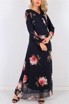 Çiçek Desen Kemerli Bayan Elbise 5369B