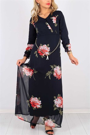 Çiçek Desen Kemerli Bayan Elbise 5369B